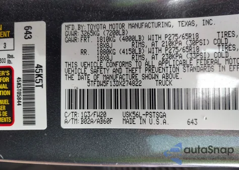 2013 Toyota Tundra Grade 5.7L V8 z USA, uszkodzony, nr VIN 5TFDW5F13DX274822